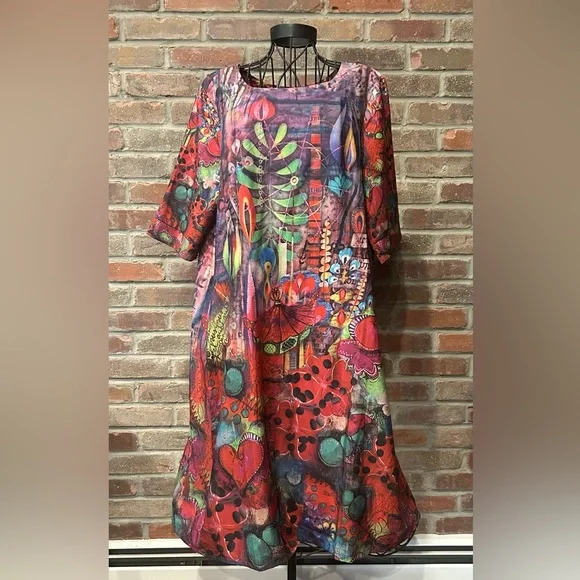 Charlie Charlie Charlotte Red Multi Colored Flower Print Midi Dress Size Large - Picture 1 of 7